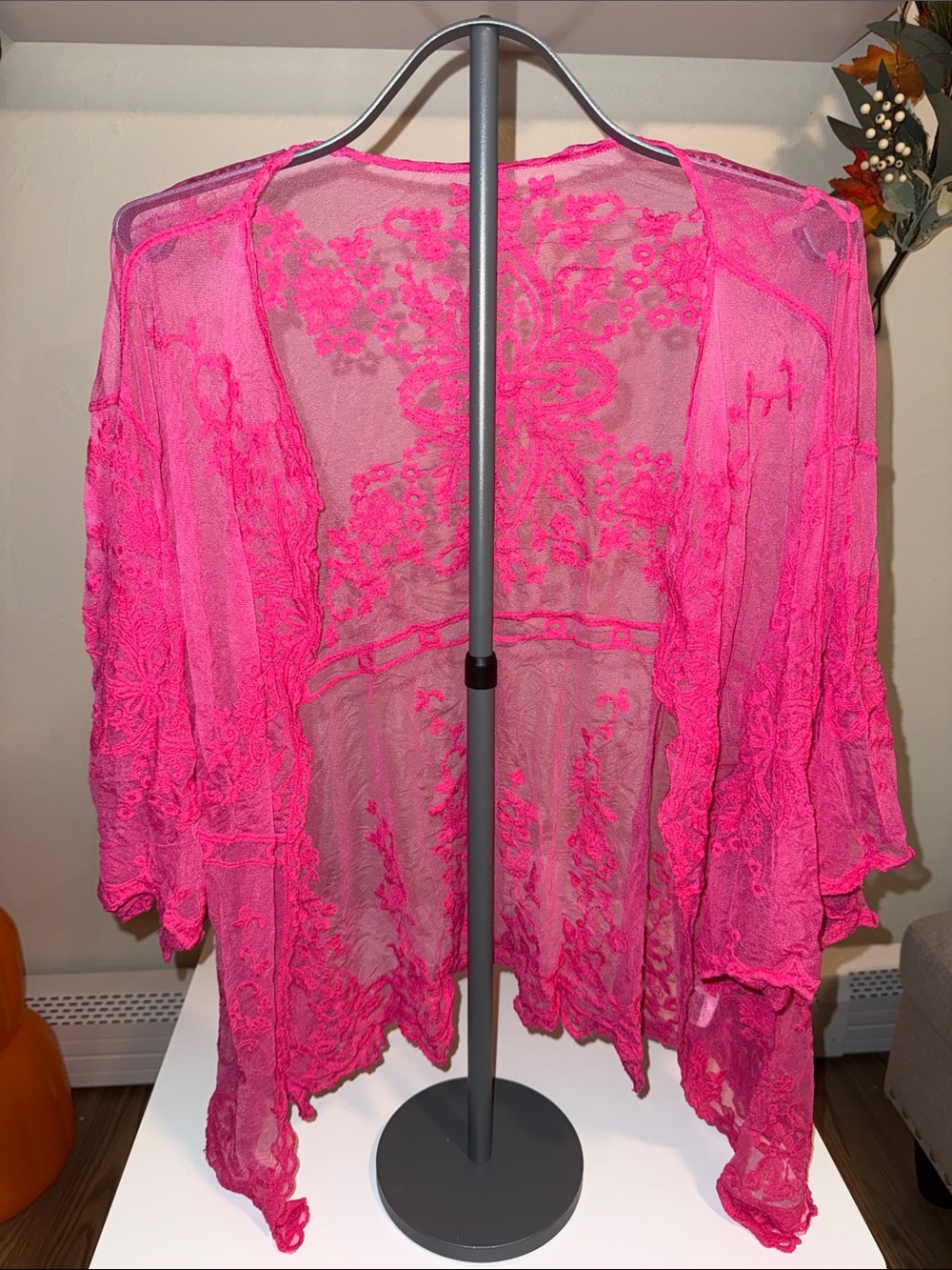 Sheer Embroidered Kimono Cover-Up in Hot Pink